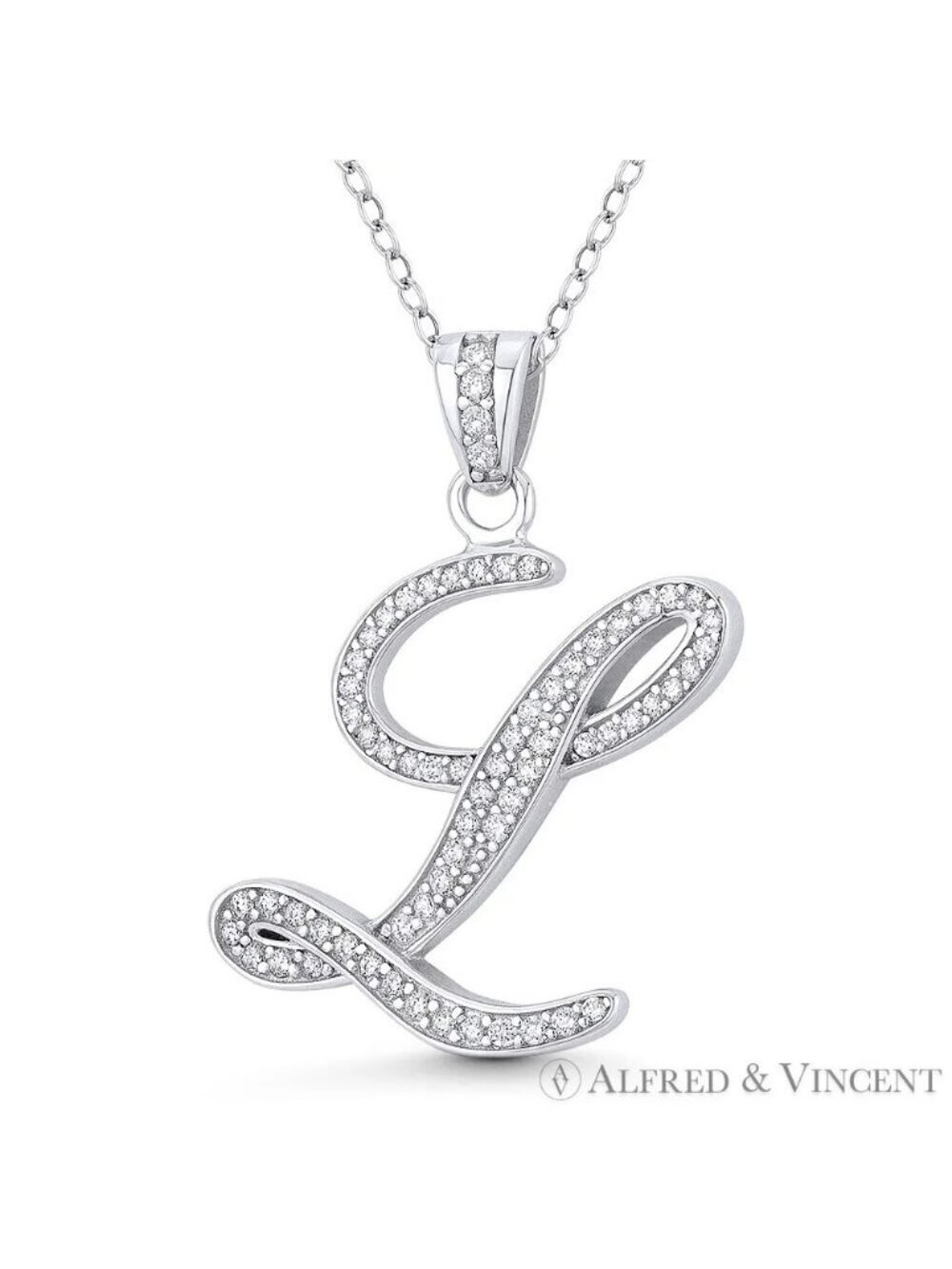 Initial Letter "L" Cursive Script CZ Crystal Pendant in .925 Sterling Silver